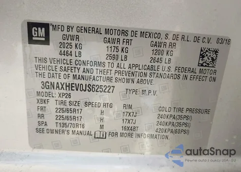 2018 Chevrolet Equinox Ls z USA, uszkodzony, nr VIN 3GNAXHEV0JS625227